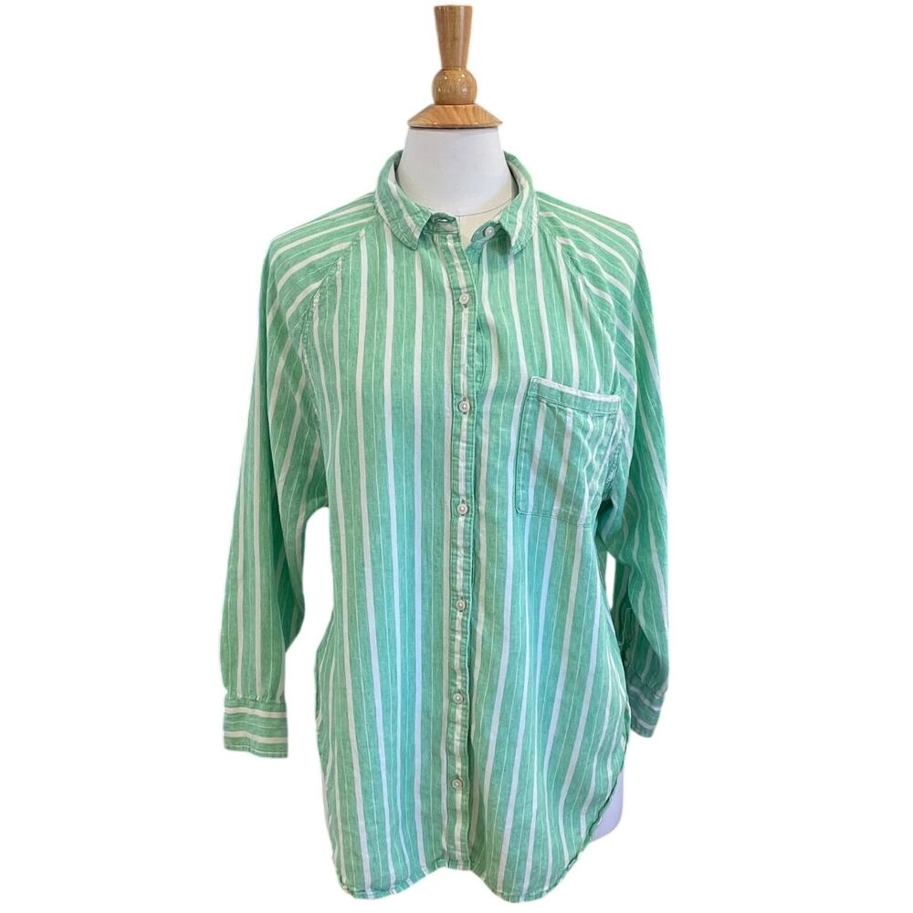 Aerie Linen Blend Green White Stripe Button Up Casual Shirt, Size M